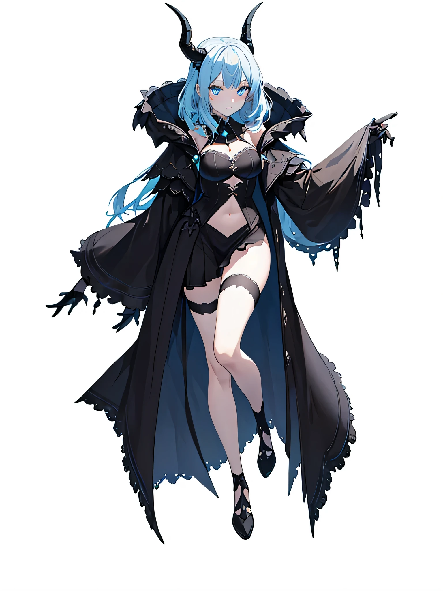ung and gorgeous girl, There is a pair of brownish-black horns on the head, light blue hair, light crystal blue eyes,beautiful eyes,fantasy, gothic, cute witch outfit,embarrassed,sblunt bangs,cinematuc lighting,,((full body))((white background)),((transparent background)),empty background, character middle of screen, look at camera,show foots,show legs,((Full Body View)),Ultra Wide Shot