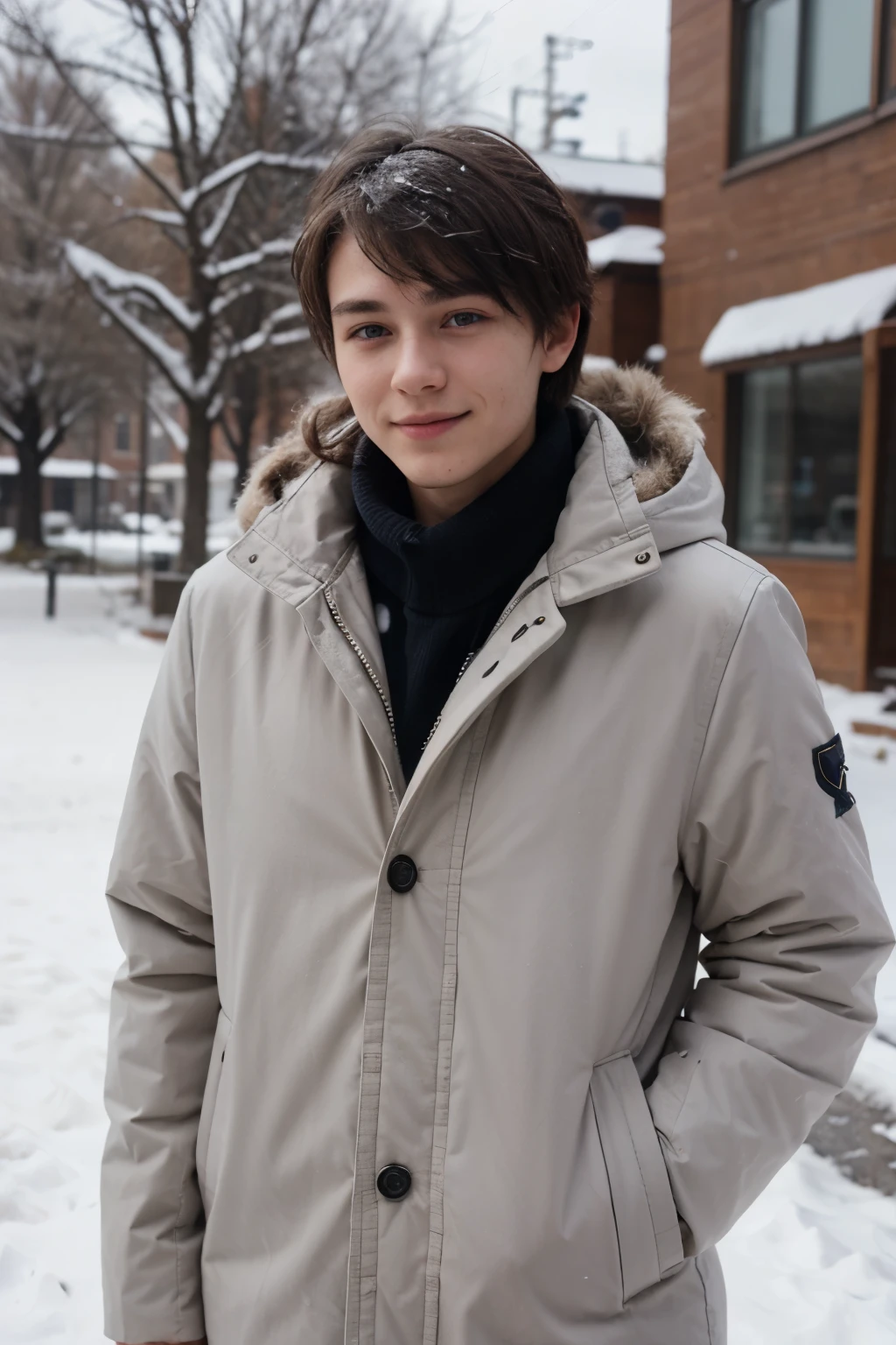 19 year Russian old boy with curtain haircut style、A slight smile、Face Down、wear a winter coat, snow