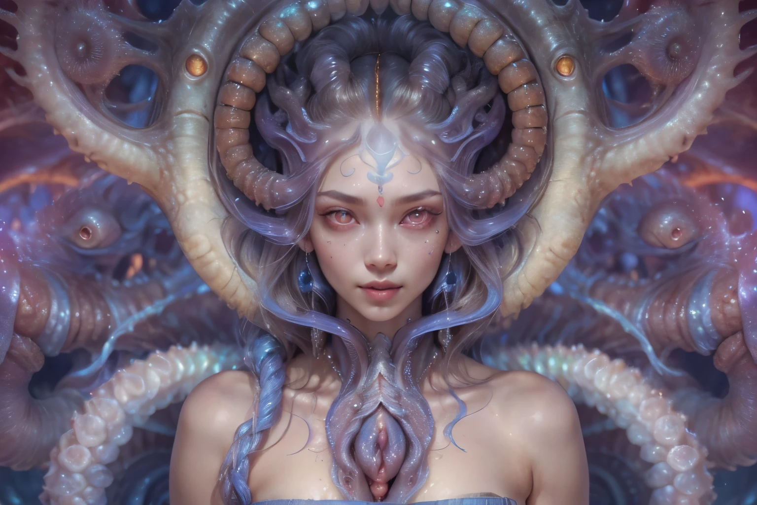 Portrait, (beautiful female alien:1.2),  (There is a female genital-like organ in the middle of the forehead.:1.8), (The most beautiful face in the history of the universe:1.2), (Glowing scarlet eyes:1.6), (Translucent pale skin:1.8), an evil gaze that seduces , (red eyes:1.5), Full body like, (Sexypose:1.5), alien, No humans, cells are fused, (Lots of translucent Blue tentacles:1.1), extraterrestrial, cell, bio image, (zenTangle, mandalas, Tangle, enTangle:0.98),(Fractal Art:0.9)(fluttered detailed color splashes:1.1),(marbling:1.1), (Vulgarity:1.15), (Sexy:1.4), sweet  breath, a sultry, ((Ecstasy:1.6)), Best Quality, 8K,4K_quality, High Definition, Dramatic Lighting, masutepiece:1.5,cinematic quality, detail up, (Intricate details:1.2), High resolution, High Definition, drawing faithfully, (Thick eyebrows:1.2), Beautiful eyes with fine symmetry, (Highly detailed face and eyes:1.2), (High-resolution red-eye:1.4), Intimate face, (Super detailed skin quality feeling:1.4), Perfect Anatomy,  (Beautiful toned body:1.5),  (Moist skin:1.2), No makeup, (dark circles:1.1), long canines, cinematic drawing of characters, ultra high quality model, cinematic quality, detail up, (Intricate details:1.2), High resolution, High Definition, drawing faithfully, Official art, Unity 8K wall  , 8K Portrait, Best Quality, Very High resolution, ultra detailed artistic photography, midnight aura,  unreal enginee 5, Ultra Sharp Focus, art by alberto seveso, ArtGerm, Roisch, intricate artwork, Medusa, best quality, masutepiece, ultra High resolution, (photos realistic：1.4), Ultra-realistic realism, dream-like,  nautilus, Creation of fantasy, Snail, Dream Snail,  (biopunk nautilus:1.4), Thrilling color schemes， Ultra-realistic realism， seductively smiling, Blue tentacles