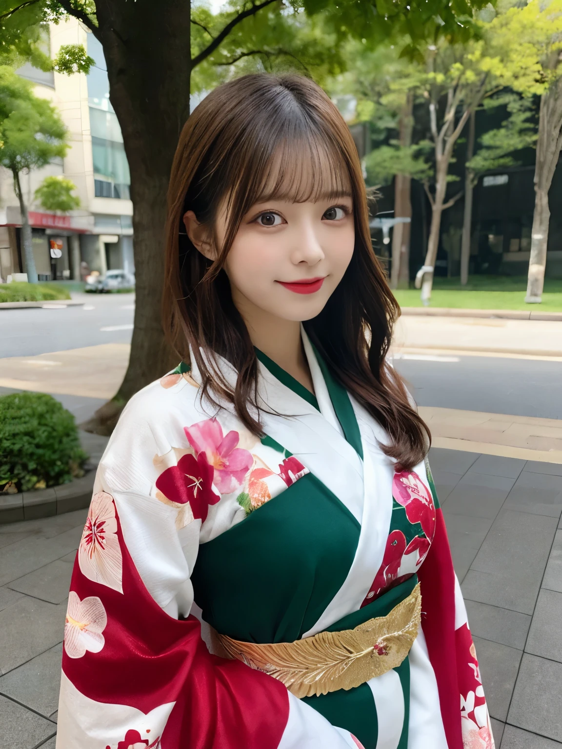 masutepiece, Best Quality, Illustration, Ultra-detailed, finely detail, hight resolution, 8K Wallpaper, Perfect dynamic composition, Beautiful detailed eyes, She wears a red kimono,Medium Hair,Natural Color Lip, Bold sexy poses,Smile,Harajuku、20 years girl、Cute、Sexy shot looking at camera、C Cup、Brown hair、cacique#39;s face、Blurred green park background