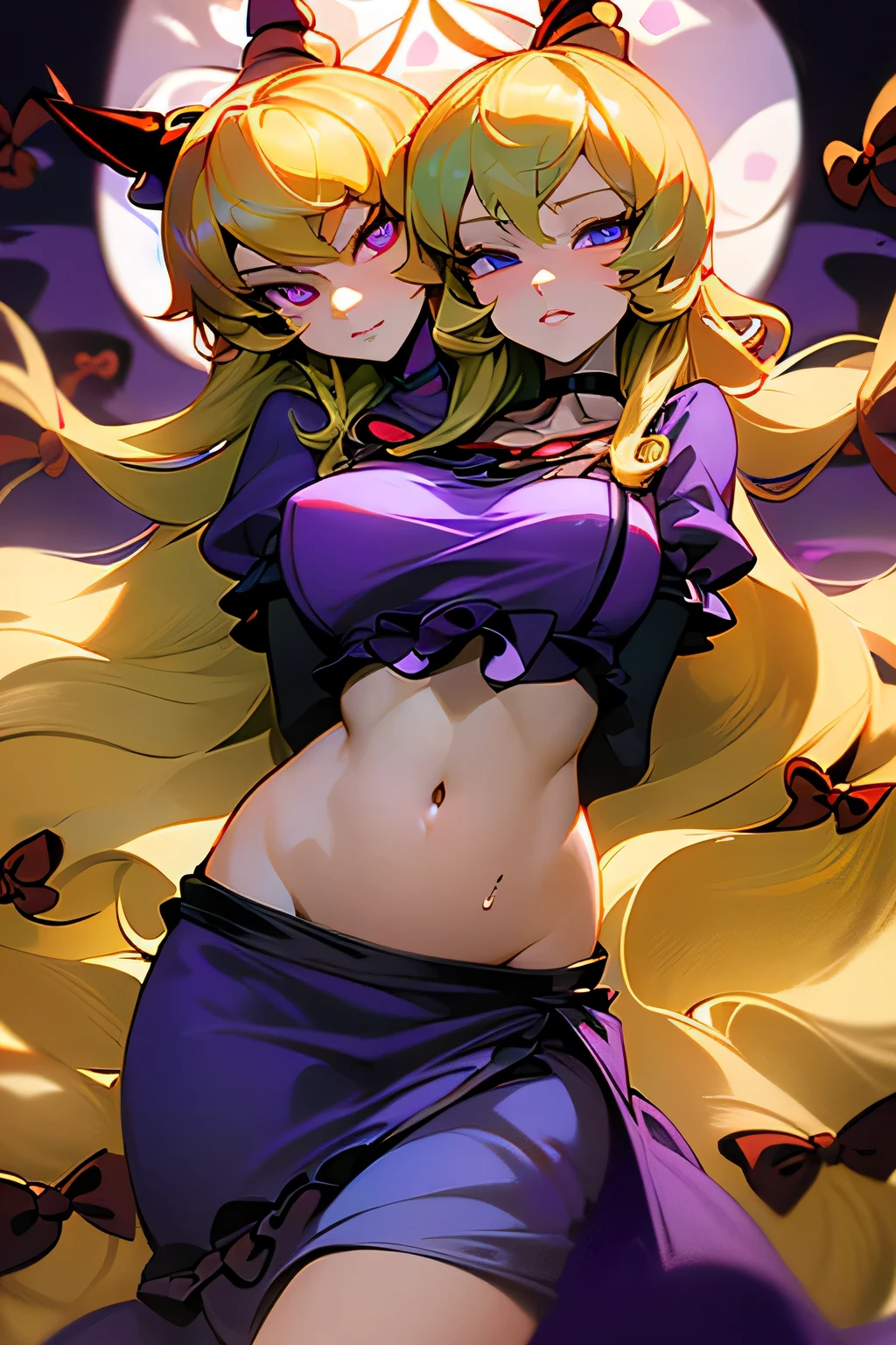(masterpiece, best quality), best quality, (ultra-detailed), (3heads:1.5), 1girl, (elis:1.3), masterpiece, best quality, ultra quality, ultra resolution, ultra detail, white top, crop top, ((stomach)), midriff, ((groin)), red skirt with strange purple markings along its hem, miniskirt, normal ears, midriff, , blonde hair, very long hair, wavy hair, sidelocks, purple eyes, parted lips, sweat, cute, toned belly, hand on own chest, eyelashes, (25 year old woman:1.3), (masterpiece:1.5), (best quality:1.5), (beautiful detailed), extremely detailed CG, extremely delicate and beautiful, depth of field, (finely detailed face), (perfect details:1.2), (mature female:1.3), wide pelvis, slender, large veiny breast, 16k resolution, highres, very high quality, very high definition, extremely detailed, masterpiece, blonde long hair, alluring presence, twin braid, short skirt, close up, big , young, red bow, purple bat wings, nsfw, open belly,