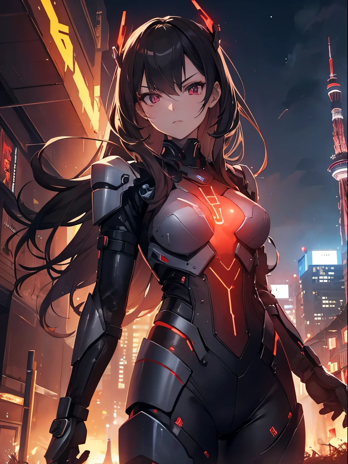 top-quality、Full limbs、complete fingers、one beautiful women、Beautiful busty woman、Women with straight hair、((Woman with dark hair))、A big smile、Complex mechanical bodysuit、Navy blue and black bodysuit、full armor、night skyscraper