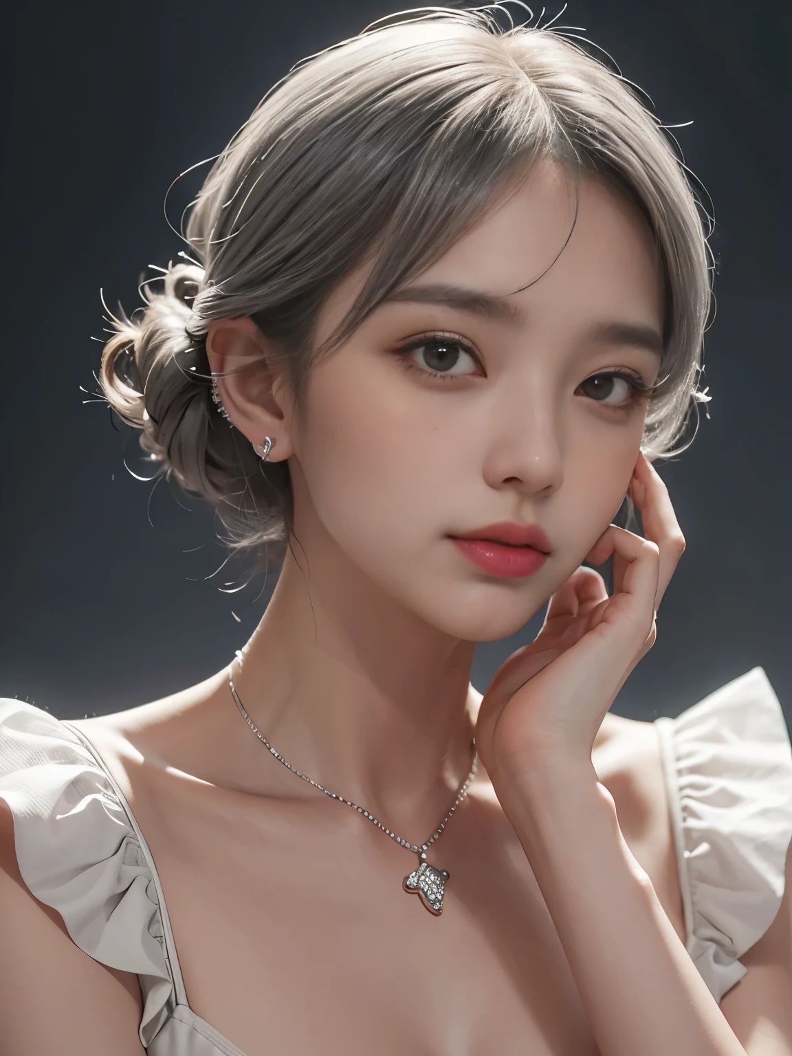 Pilion, Alone, 1个Giant Breast Girl, 黑色finger nails, jewely, short detailed hair, looking at viewert, Collar, choker necklace, hand on own face, Punching, white backgrounid, inner strength, Keep your mouth shut, With gray eyes, finger nails油,  backgound, with gray hair, ear Punching, black Collar, ssmile, eyeslashes, cparted lips, hand on own cheek, By bangs, bangle, bead, Pedras preciosas, 耳Nipple Ring, finger nails