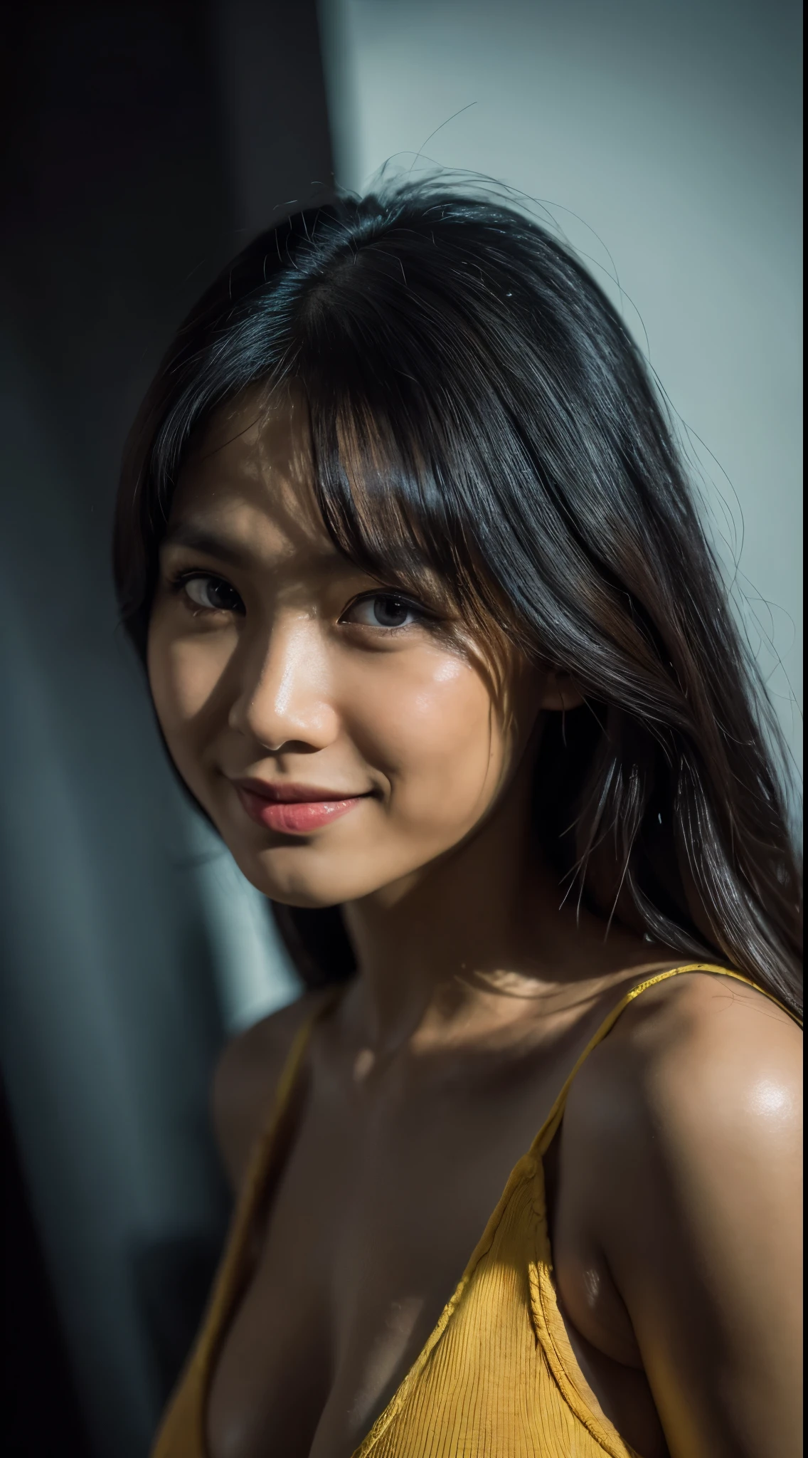 highest quality, epic realistic, ((in the pitch black darkness :1.4)), ((portrait:1.5)),(background: dark ) high contrast ,glorious picture, lowest lux, lighting face, she's comfortable, wearing nothing, , looks incredible, (8k, Raw photo, Highest quality),(epic realistic:1.5), a woman, face,(detailed eyes:0.8),(looking at the camera:1.4), (Highest quality), ( high contrast, deep shadows),Intricate details,cinematic,((skin:1.4)), (long dark hair:1.3), long hair, messy ,(Hdr:1.5),Detailed, colors, Superior quality, Masterpiece, Raw Photo (20-year-old, looking at viewer), beautiful, (wearing plain yellow shirt,), perfect, natural, perfect composition, portrait, perfect face, smiling expression, Captivating eyes, Bright details, Tight lips, (High Skin Detail),, (blue tint: 0.6), (sale: 0.8), (bloody: 0.7), Key lighting , (backlight: 0.5), Medium depth of field, Canon 5d, 50mm lens, f/4 apertures, (Ultra-detailed, Complex detail), sharp focus, soft colors, 8k, Absurd, 80mm, dark background, photography, smiling, pinay, filipina, medium boobs,