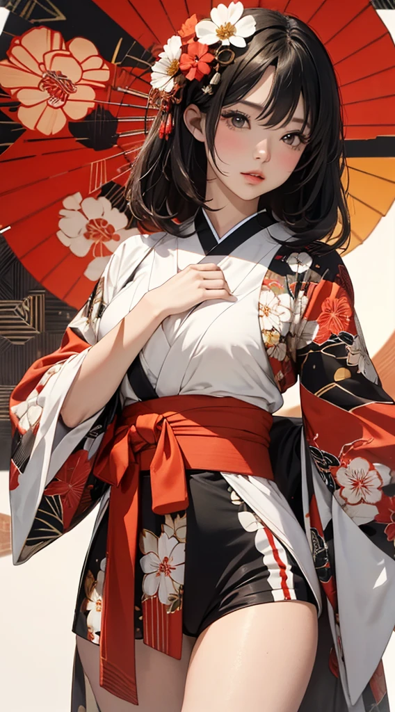 ((8k wallpaper of extremely detailed CG unit, masterpiece, hight resolution, top-quality, top-qualityのリアルテクスチャスキン)), (a very beautiful woman, Plump lips, The upper part of the body, Posing like a model:1.5, Japanese pattern blouson:1.2, Japanese pattern micro mini shorts:1.2), (A dark-haired, hair messy, de pele branca, small tit), ((Colorful background with geometric patterns, Japanese pattern background, warm color)), (hyper realisitic, digitial painting),