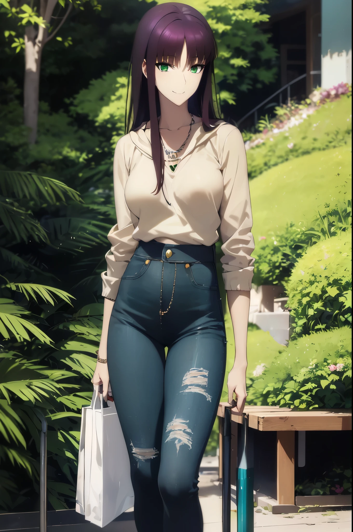 Anime girl with purple hair and white shirt and jeans, ,hiquality,Connect ticker and 8K, hight resolution,Very detailed CG, High quality shadows, Detail Beautiful delicate face, ディテール美しいDelicat eyes,BREAK(Wallpapers with highly detailed 8K),(Highly detailed CG 8K wallpaper),Makima (chain saw man),Sukasaha (Fate/grand order),Shimohira Reihua ,Hi-Res,Very delicate and beautiful CG illustration,top-quality,beautiful thigh,big breasts thin waist,(((masutepiece))), (((Best Quality))),8K,32K,​masterpiece,beautiful alluring anime woman,ultra-definition,ultra-detailliert,hight resolution,a hyperrealistic schoolgirl,masuter piece, Best Quality, High quality, High Definition, high quality texture, high quality shadow, high detailing,finely detail,A teenage girl,1girl in,High school students,Solo,Soio,Only one person,Alone,One Person,taki,Mature atmosphere,Leg length,neat and long legs,8 Head Body,stature:171cm,Mature girls,Reddish-purple hair,Reddish-purple hair,Purple hair,cassis colored hair,silky and smooth hair,Colorful hair,Straight hair,Smile,Cool Beauty,Beautuful Women,Neat face, Beautiful realism,Seductive look,Bewitching look,serene expressions,beautiful hairl,彼女は首にNecklace身に着けています,Necklace,bead necklace,magatama accessories,A slight smil,Colorful eyes,green colored eyes,Jade-colored eyes,beautidful eyes,Bright eye,Delicat eyes,Eyes Like Gems,Jade Eyes,Hanging eyes,(Green eyes:1.5),Seductive face,Watching the viewer,Model photo,simple background,Black hair, longeyelashes, lightsmile, Reddish-purple hair, cassis colored hair, Hairpin, lightsmile, Seductive smile, Jade-colored eyes, PUPILS SPARKLING, Hanging eyes, multicolored eyes, Anime style, Hyper-Realism, Realism, Anime, 8K, Super Detail, ccurate, Best Quality, 16 K, Anatomically correct, ccurate, nffsw, 16 K, hight resolution, Best Quality,parka,Plain clothe,((Black Lowrise Skinny Long Jeans)),hooded sweatshirt,((Sweatshirt)),stroll,Building Street,Sunlight,blue-sky,stroll,Bustling street,during daytime,Walking,takeout,out,