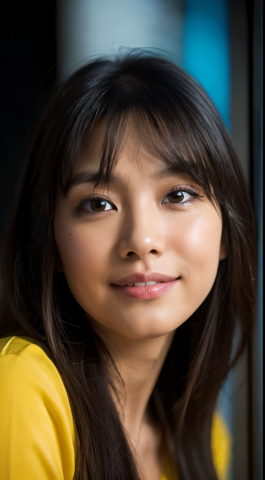 highest quality, epic realistic, ((in the pitch black darkness :1.4)), ((portrait:1.5)),(background: dark ) high contrast ,glorious picture, lowest lux, lighting face, she's comfortable, wearing nothing, , looks incredible, (8k, Raw photo, Highest quality),(epic realistic:1.5), a woman, face,(detailed eyes:0.8),(looking at the camera:1.4), (Highest quality), ( high contrast, deep shadows),Intricate details,cinematic,((skin:1.4)), (long dark hair:1.3), long hair, messy ,(Hdr:1.5),Detailed, colors, Superior quality, Masterpiece, Raw Photo (20-year-old, looking at viewer), beautiful, (wearing plain yellow shirt,), perfect, natural, perfect composition, portrait, perfect face, smiling expression, Captivating eyes, Bright details, Tight lips, (High Skin Detail),, (blue tint: 0.6), (sale: 0.8), (bloody: 0.7), Key lighting , (backlight: 0.5), Medium depth of field, Canon 5d, 50mm lens, f/4 apertures, (Ultra-detailed, Complex detail), sharp focus, soft colors, 8k, Absurd, 80mm, dark background, photography, smiling, pinay, filipina, medium boobs,