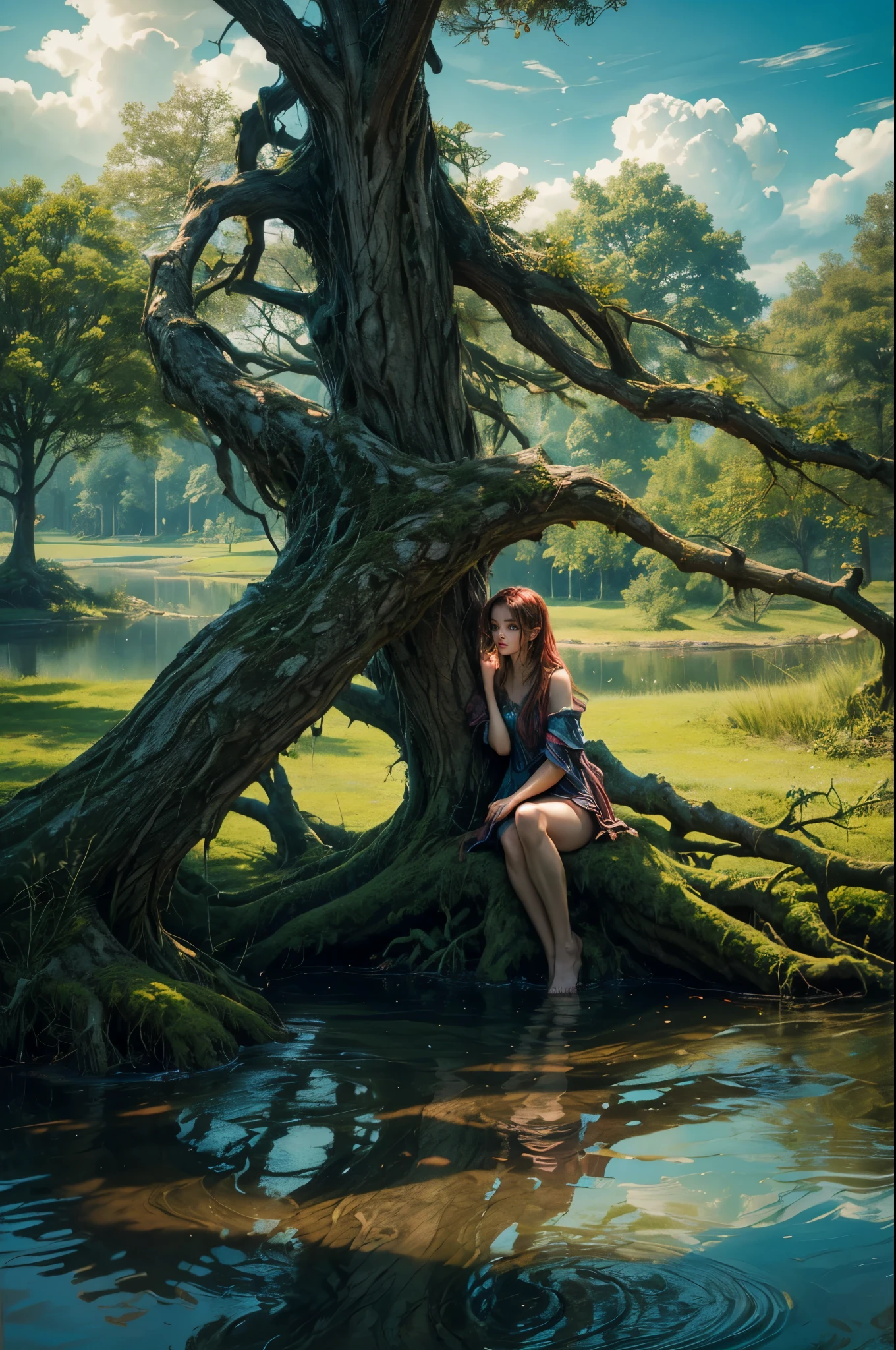 ((Enchanting)) pond setting, Beautyful girl in a serene kneel,close to the viewer ((dynamic cloudscape)), ((twisted gnarly tree trunk)), ((soft natural lighting)), digital art, ((vivid color palette)), best quality