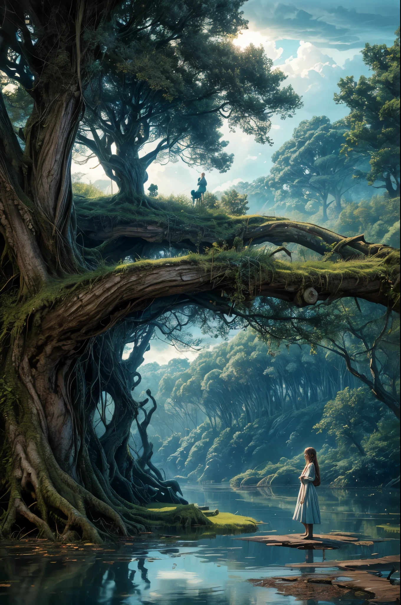 ((Enchanting)) pond setting, Beautyful girl in a serene kneel,close to the viewer ((dynamic cloudscape)), ((twisted gnarly tree trunk)), ((soft natural lighting)), digital art, ((vivid color palette)), best quality