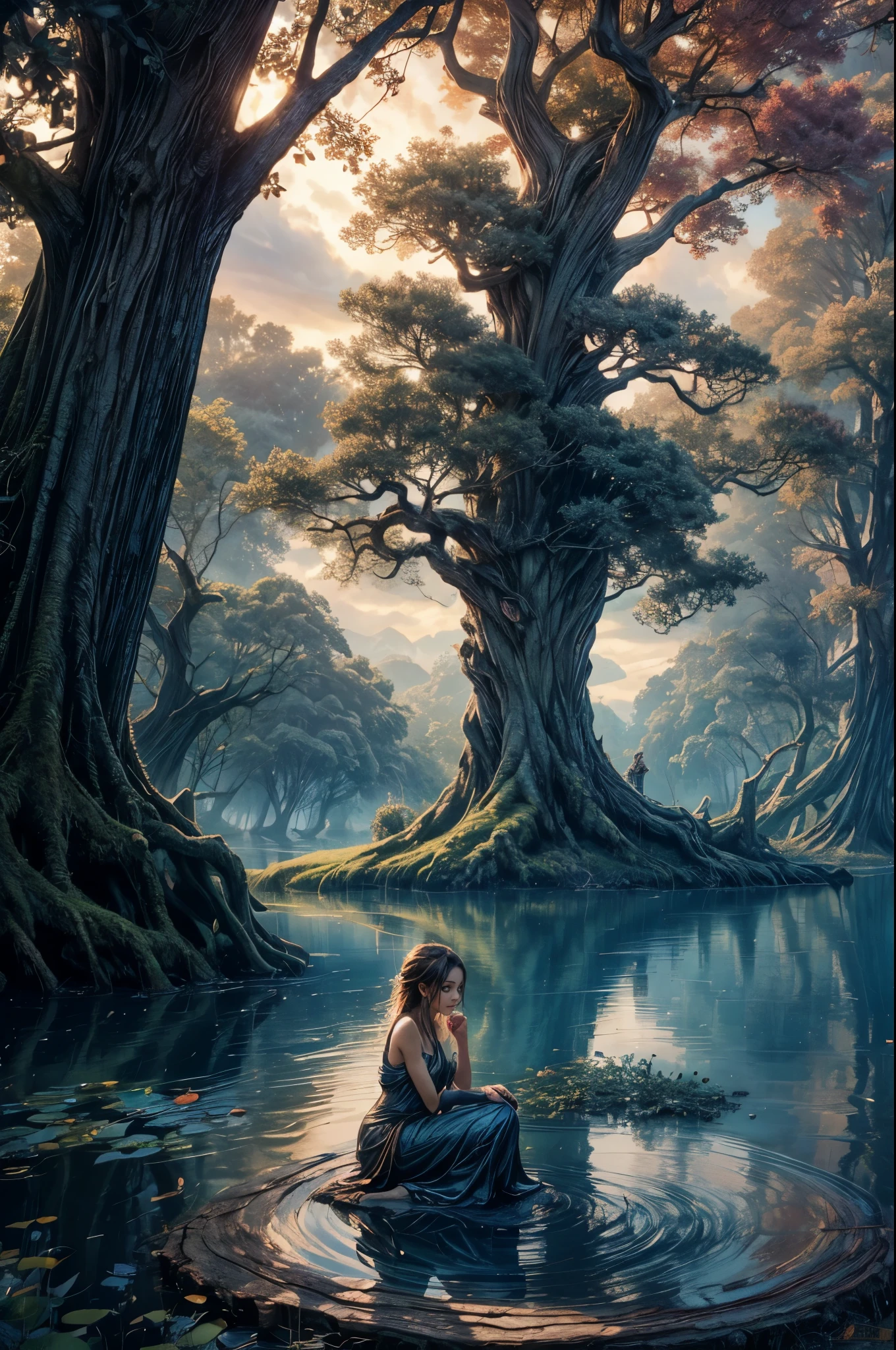 ((Enchanting)) pond setting, Beautyful girl in a serene kneel,close to the viewer ((dynamic cloudscape)), ((twisted gnarly tree trunk)), ((soft natural lighting)), digital art, ((vivid color palette)), best quality
