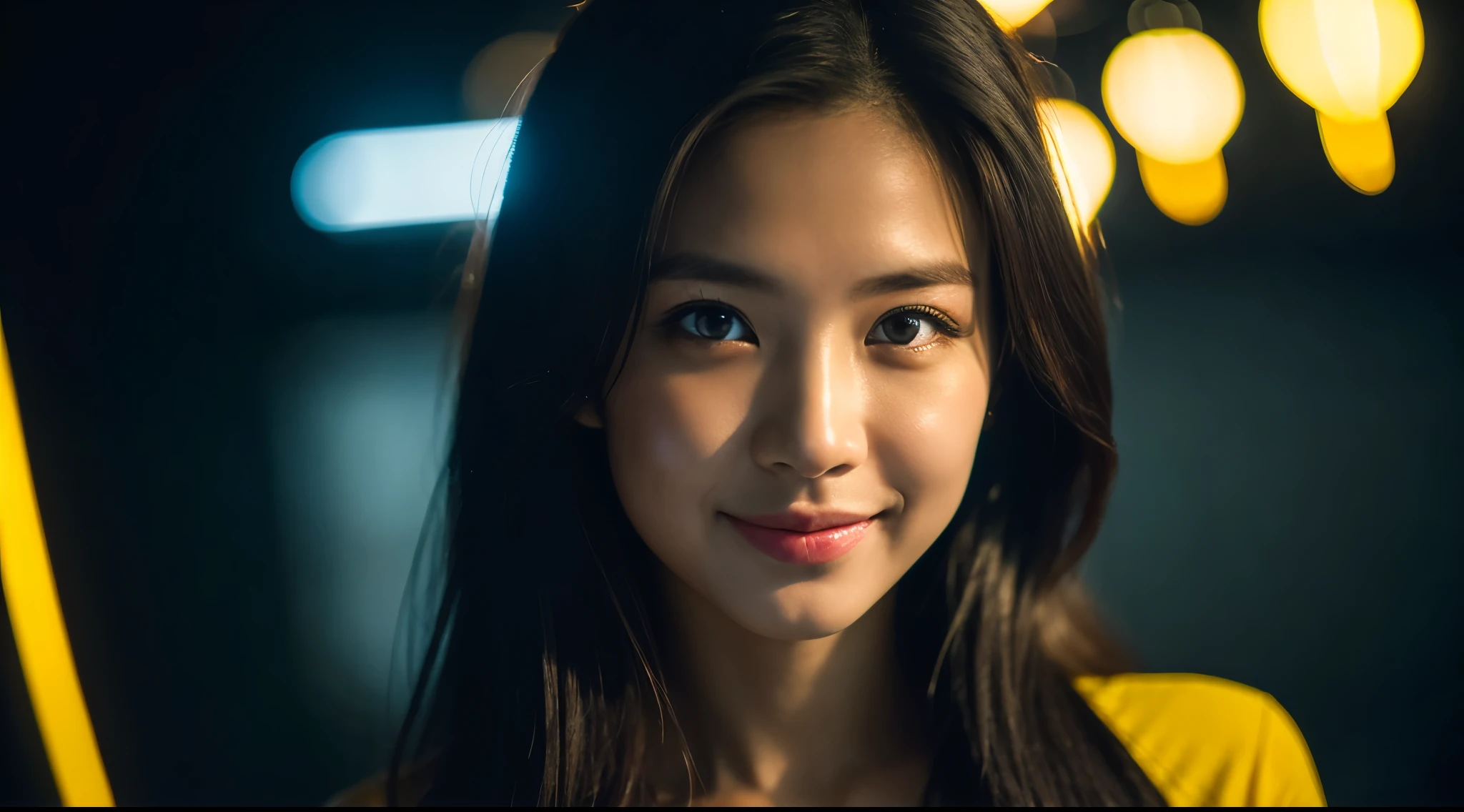 highest quality, epic realistic, ((in the pitch black darkness :1.4)), ((portrait:1.5)),(background: dark ) high contrast ,glorious picture, lowest lux, lighting face, she's comfortable, wearing nothing, , looks incredible, (8k, Raw photo, Highest quality),(epic realistic:1.5), a woman, face,(detailed eyes:0.8),(looking at the camera:1.4), (Highest quality), ( high contrast, deep shadows),Intricate details,cinematic,((skin:1.4)), (long dark hair:1.3), long hair, messy ,(Hdr:1.5),Detailed, colors, Superior quality, Masterpiece, Raw Photo (20-year-old, looking at viewer), beautiful, (wearing plain yellow shirt,), perfect, natural, perfect composition, portrait, perfect face, smiling expression, Captivating eyes, Bright details, Tight lips, (High Skin Detail),, (blue tint: 0.6), (sale: 0.8), (bloody: 0.7), Key lighting , (backlight: 0.5), Medium depth of field, Canon 5d, 50mm lens, f/4 apertures, (Ultra-detailed, Complex detail), sharp focus, soft colors, 8k, Absurd, 80mm, bokeh background, photography, smiling, pinay, filipina, large boobs, neon lights background, bokeh