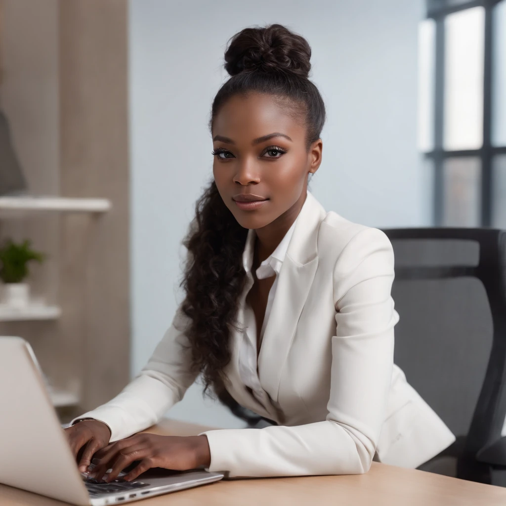 ((Dark African skin, Very deep ebony skin)), ((Its beauty undeniable)), ((Excited cute face)), ((Hyper detailed perfect eyes,)), ((working behind laptop)), ((video call)), ((Langue sortie)), ((Focussed)), ((light color official suit, office, sitting behind desk)), ((Afro ponytail with long African curly hair)), ((debout, vue de face)), ((typing on laptop)), ((Office, work, corporate, desk, people in the background)), Sharp Focus CGI, photoreallistic, High detail, Realstic, Masterpiece, absurdes, Best quality, Hdr, High quality, high-definition, Extremely detailed, 8k wallpaper, Intricate details, 8K UHD, Full-HD, (photo realist:1.2), contraste, intense illumination, lighting cinematic, natural lighting, veilleuse, Nuit, Illumination globale, talking, a la piscine African women、Female sexy