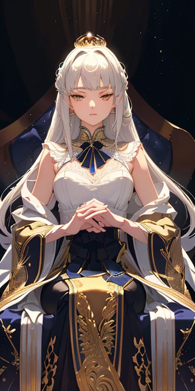 (Masterpiece:1.2), best quality, (illustration:1.2), (ultra-detailed), hyper details, (delicate detailed), (intricate details), (cinematic light, best quality Backlights), clear line, from below, soloist, perfect body, (1girl), white hair and yellow eyes, (emperor, black see-through clothes), (crown: 1.1), sitting on the throne, eyes slightly closed, head down, (shy: 1.2 ), (makeup), high contrast, (best illumination, an extremely create and beautiful), (cinematic light), colorful,