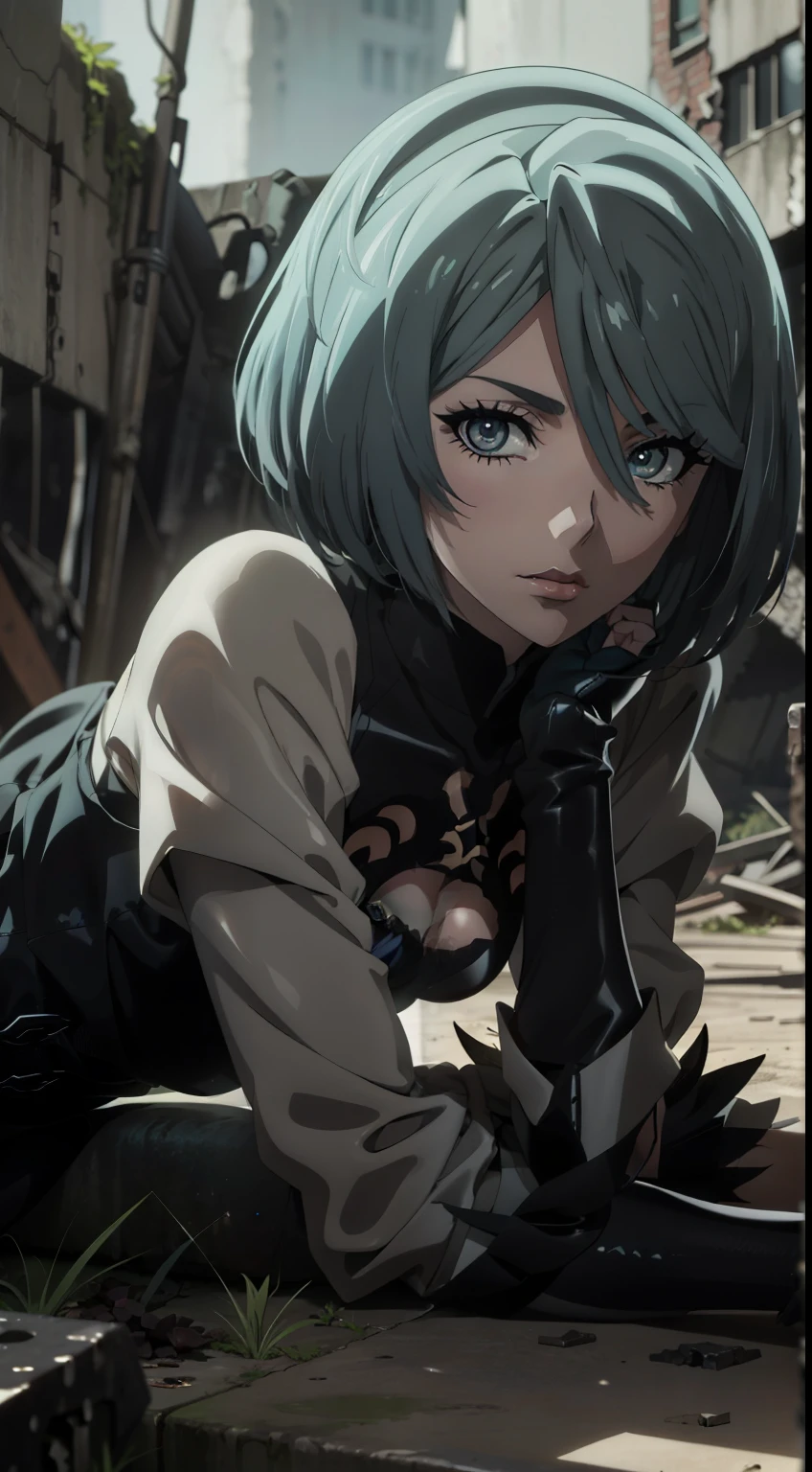 portraite of a, Face close, Accent faces, face and body close. Very Beautiful Eyes, Eyes Covered, fighting posture, sexypose, lying down, lying downщая на траве,, Ruins, shapely legs, White Hair Bob, ashy hair, Eyes Covered повязкой, Cyan eyes, black dress with a short skirt, short black skirt, neckline on the chest, white panty, black stockings, high black boots, high-heeled boots, very extremely beautiful, Small firm buttocks, Slender figure, Full-length(Body Full 1.1), ruined city, The city, overgrown with plants, Ruins, Red Small Breasts, Best Quality, High Resolution, photorealestic, photogenic, (Beautiful detailed bluish-gray eyes: 1.6), extremely detailed face, perfect lighting, extremely detailed CGI , (perfect arms, perfect anatomy), A girl with perfect breasts, beatiful face, master study, intricate details, Detalhes realistas, the anime, (Based on nier automata) the perfect body, The Perfect Girl, perfect details, Ultra HD |, 8K, Professional photo, the anime Стиль 2B,