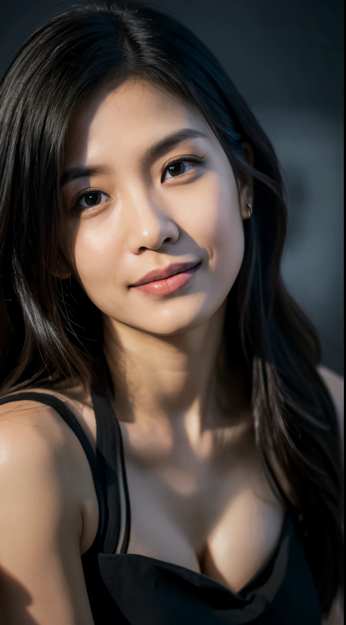 highest quality, epic realistic, ((in the pitch black darkness :1.4)), ((portrait:1.5)),(background: dark ) high contrast ,glorious picture, lowest lux, lighting face, she's comfortable, wearing nothing, , looks incredible, (8k, Raw photo, Highest quality),(epic realistic:1.5), a woman, face,(detailed eyes:0.8),(looking at the camera:1.4), (Highest quality), ( high contrast, deep shadows),Intricate details,cinematic,((skin:1.4)), (long dark hair:1.3), long hair, messy ,(Hdr:1.5),Detailed, colors, Superior quality, Masterpiece, Raw Photo (20-year-old, looking at viewer), beautiful, (wearing plain yellow shirt,), perfect, natural, perfect composition, portrait, perfect face, smiling expression, Captivating eyes, Bright details, Tight lips, (High Skin Detail),, (blue tint: 0.6), (sale: 0.8), (bloody: 0.7), Key lighting , (backlight: 0.5), Medium depth of field, Canon 5d, 50mm lens, f/4 apertures, (Ultra-detailed, Complex detail), sharp focus, soft colors, 8k, Absurd, 80mm, dark background, photography, smiling, pinay, filipina, medium boobs,
