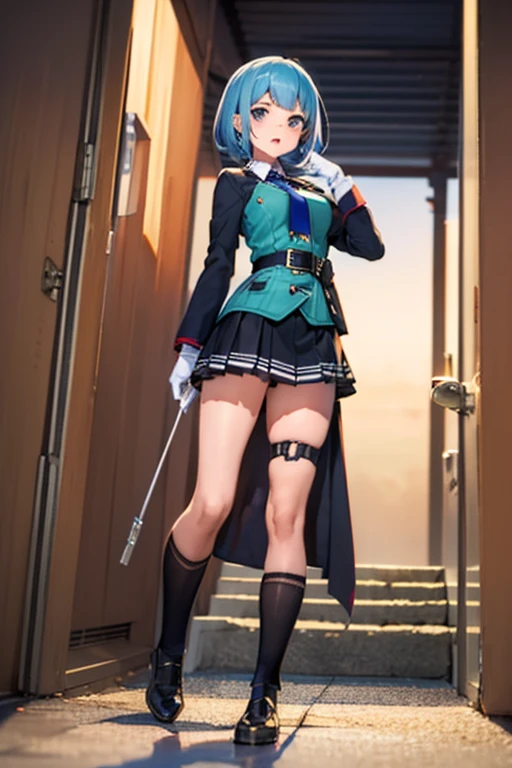 (Best Quality:1.3), (masutepiece:1.3), (Illustration:1.8), (Ultra-detailed:1.6), ((Best Quality)), Otomachi Suisei, short-hair,Blue hair, Green Uniform, black necktie, gloves, Red coat, Black skirt, Standing, knee high socks, teenager, 白いgloves,