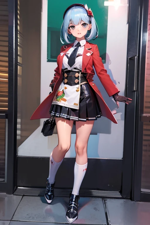 (Best Quality:1.3), (masutepiece:1.3), (Illustration:1.8), (Ultra-detailed:1.6), ((Best Quality)), Otomachi Suisei, short-hair,Blue hair, Green Uniform, black necktie, gloves, Red coat, Black skirt, Standing, knee high socks, ager, 白いgloves,