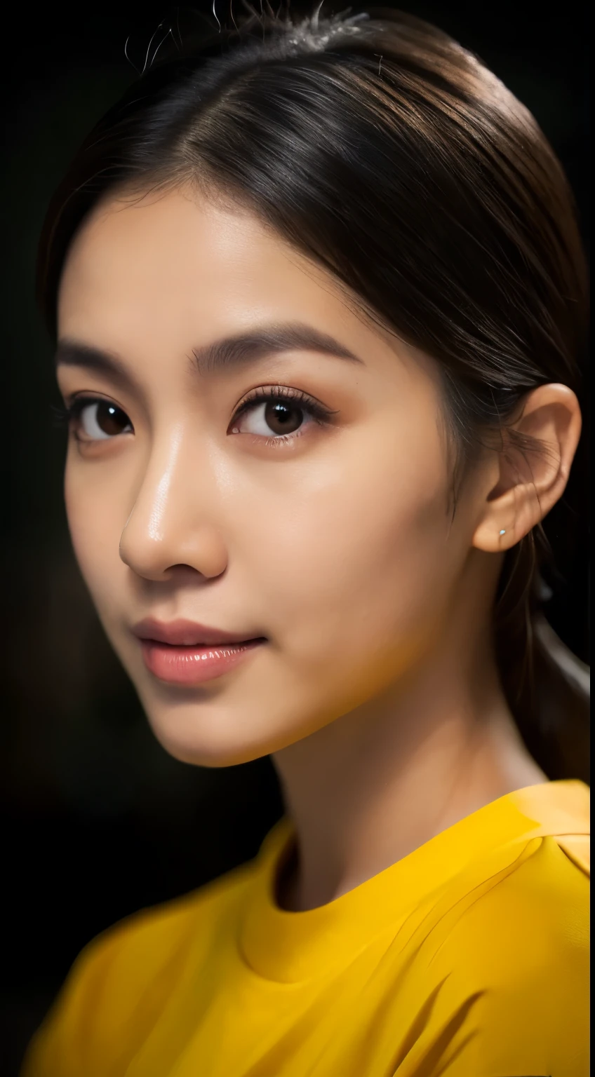 highest quality, epic realistic, ((in the pitch black darkness :1.4)), ((portrait:1.5)),(background: dark ) high contrast ,glorious picture, lowest lux, lighting face, she's comfortable, wearing nothing, , looks incredible, (8k, Raw photo, Highest quality),(epic realistic:1.5), a woman, face,(detailed eyes:0.8),(looking at the camera:1.4), (Highest quality), ( high contrast, deep shadows),Intricate details,cinematic,((skin:1.4)), (long dark hair:1.3), long hair, messy ,(Hdr:1.5),Detailed, colors, Superior quality, Masterpiece, Raw Photo (20-year-old, looking at viewer), beautiful, (wearing plain yellow shirt,), perfect, natural, perfect composition, portrait, perfect face, smiling expression, Captivating eyes, Bright details, Tight lips, (High Skin Detail),, (blue tint: 0.6), (sale: 0.8), (bloody: 0.7), Key lighting , (backlight: 0.5), Medium depth of field, Canon 5d, 50mm lens, f/4 apertures, (Ultra-detailed, Complex detail), sharp focus, soft colors, 8k, Absurd, 80mm, dark background, photography, smiling, pinay, filipina, medium boobs,