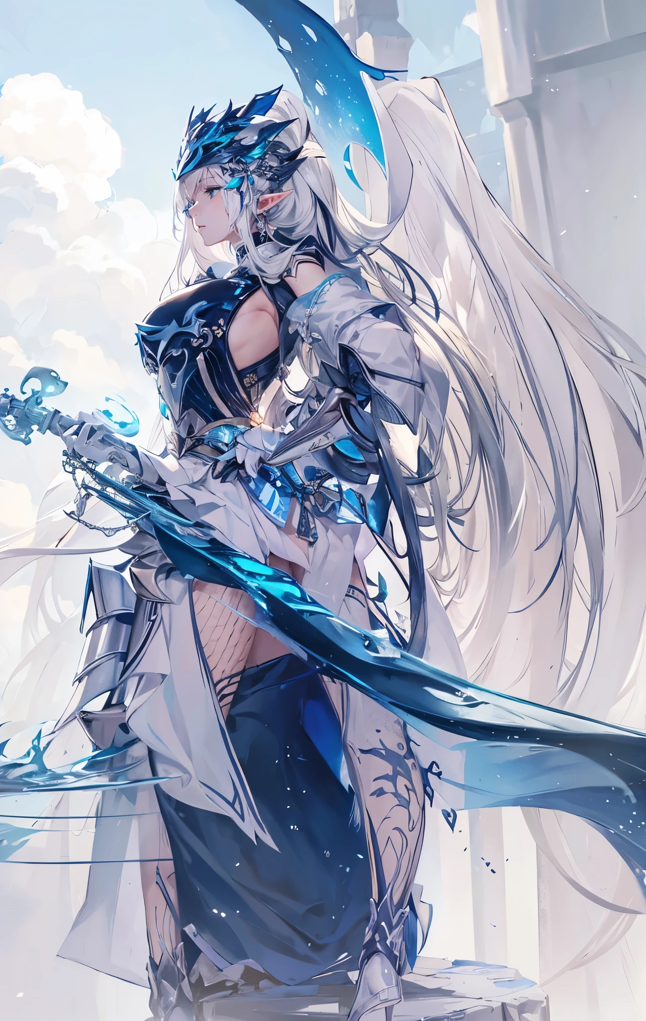 closeup of face, The world of dreams, Sister of the Elf King,mature face, Long face shape, spiny helmet, , The demons, humanoid creature, Long ponytail hair, long elf ears,Her skin is very white, white complexion, Clear eyes, Exquisite silver-blue armor, high heels boots,disheveled black hair, Black cloth, 单眼blindfolds, Broken silver blue armor,破旧的high heels boots, saber, blindfolds