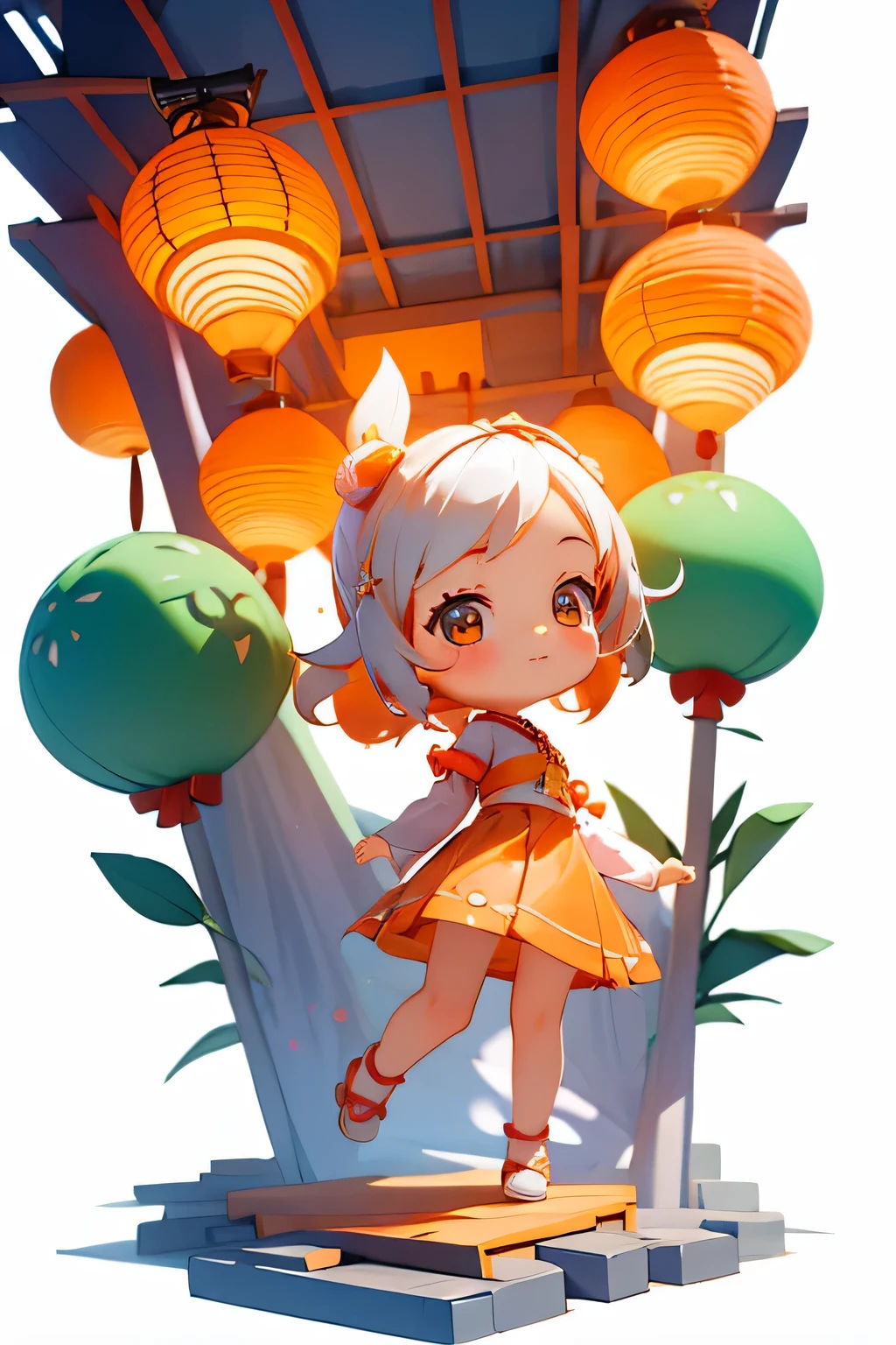 Cute little girl holding colorful lantern,Wearing an orange skirt and two round hair, Front view cute white background