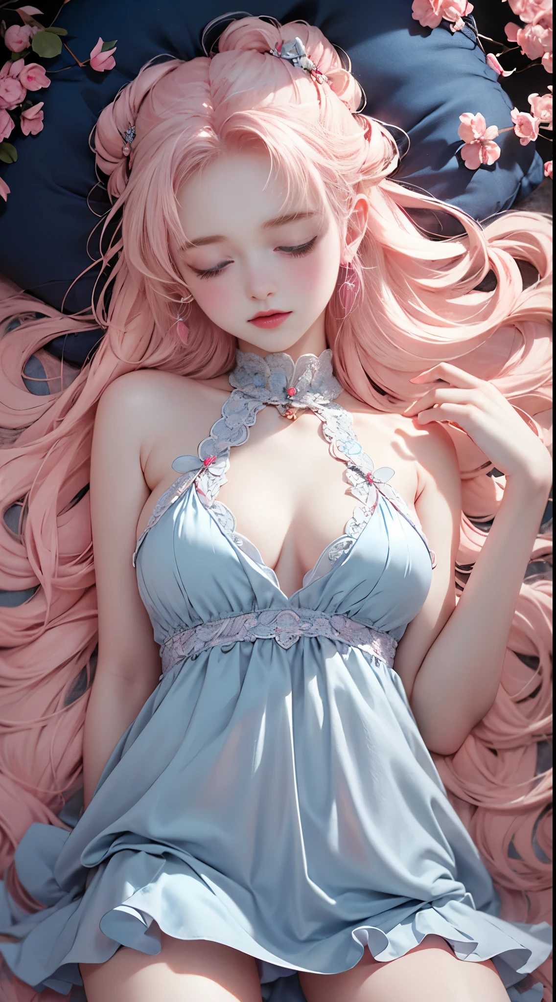 Light blue and red color scheme，pink nipple，little body，Petite，White curly hair, high detail, best quality, supper detail, pink pussy  ,  dark background, 5/6 body, hair over nipple, open legs, sleeping dress