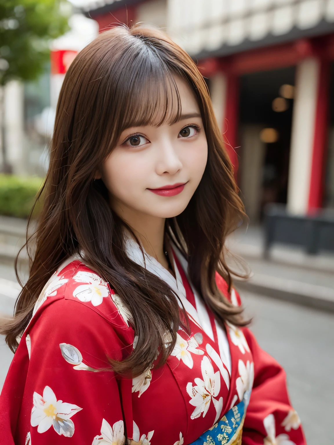 masutepiece, Best Quality, Illustration, Ultra-detailed, finely detail, hight resolution, 8K Wallpaper, Perfect dynamic composition, Beautiful detailed eyes, She wears a red kimono,Medium Hair,Natural Color Lip, Bold sexy poses,Smile,Harajuku、20 years girl、Cute、Sexy shot looking at camera、C Cup、Brown hair、cacique#39;s face、Blurred shrine background