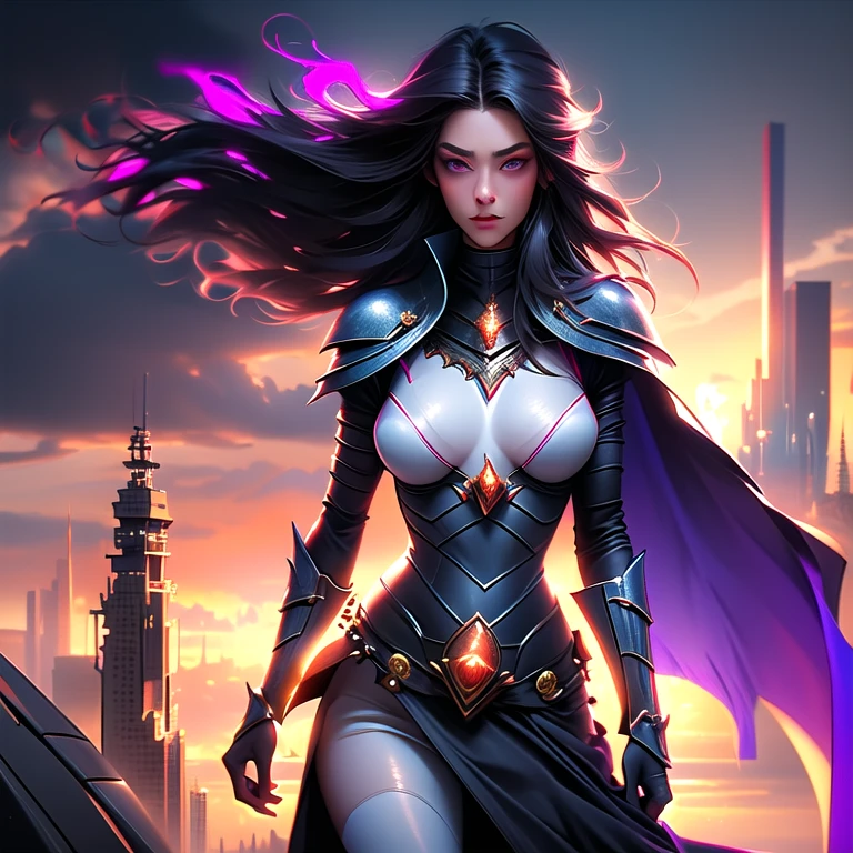 Beautiful face, sexy, sharp features, 8k, high definition, purple armour, golden tan skin, purple hair, glowing purple eyes, flawless face, queen