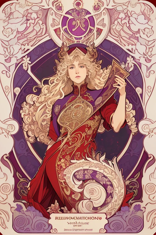 purple dragon portrait, long curly hair, blond, Floral frame, red clothing、Decorative panel, Description Artistic, By Alphonse Mucha, (masutepiece, Best Quality, hight resolution:1.4), Detailed, Intricate details, 4K, color splashes, line-drawing, Fibonacci, Alphonse Mucha in the form of a tarot card