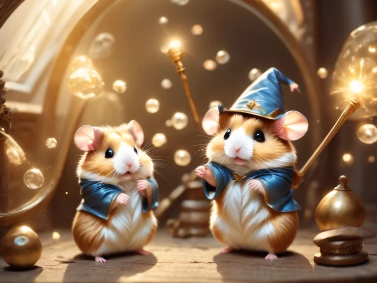 魔法で戦うhamster,(hamsterウィザード:Wizard's Clothing:Sorcerer's Wand:Wizard Hat:detaileds),Use of magic,Magic Effects,,optic,colourfull,​masterpiece,top-quality,Fluffy hamsters,all displayed,Chibi,cute little,超A delightful,A delightful,tre anatomically correct,The cutest hamster,,hamster,