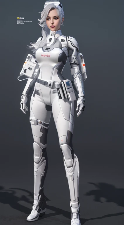 a close up of a woman in a white outfit with a gun, sci fi female character, full body shot hyperdetailed, female lead character, detailed full body concept, detailed body, complete detailed body, whole body highly detailed, full body details, sci-fi female, in game capture 3d render, female character, white biomechanicaldetails
