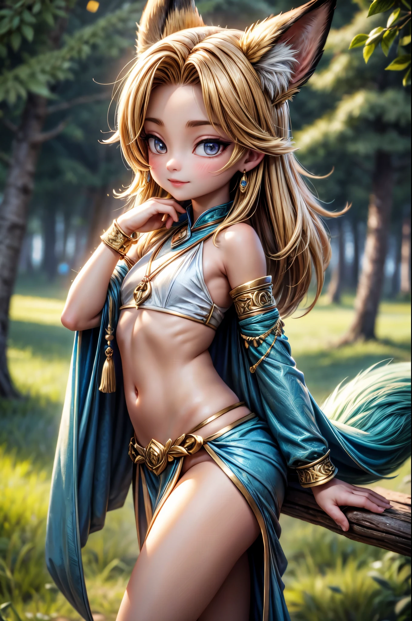 The Fox Godess, Beautyful, Silk,Clouds,Fox Tail, Loincloth, Golden Blue Metal Top, Forest,( bokeh )