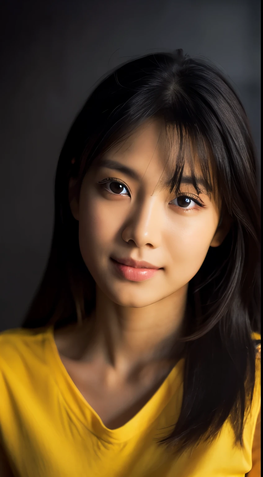 highest quality, epic realistic, ((in the pitch black darkness :1.4)), ((portrait:1.5)),(background: dark ) high contrast ,glorious picture, lowest lux, lighting face, she's comfortable, wearing nothing, , looks incredible, (8k, Raw photo, Highest quality),(epic realistic:1.5), a woman, face,(detailed eyes:0.8),(looking at the camera:1.4), (Highest quality), ( high contrast, deep shadows),Intricate details,cinematic,((skin:1.4)), (long dark hair:1.3), long hair, messy ,(Hdr:1.5),Detailed, colors, Superior quality, Masterpiece, Raw Photo (20-year-old, looking at viewer), beautiful, (wearing plain yellow shirt,), perfect, natural, perfect composition, portrait, perfect face, smiling expression, Captivating eyes, Bright details, Tight lips, (High Skin Detail),, (blue tint: 0.6), (sale: 0.8), (bloody: 0.7), Key lighting , (backlight: 0.5), Medium depth of field, Canon 5d, 50mm lens, f/4 apertures, (Ultra-detailed, Complex detail), sharp focus, soft colors, 8k, Absurd, 80mm, dark background, photography, smiling, pinay, filipina, medium boobs,