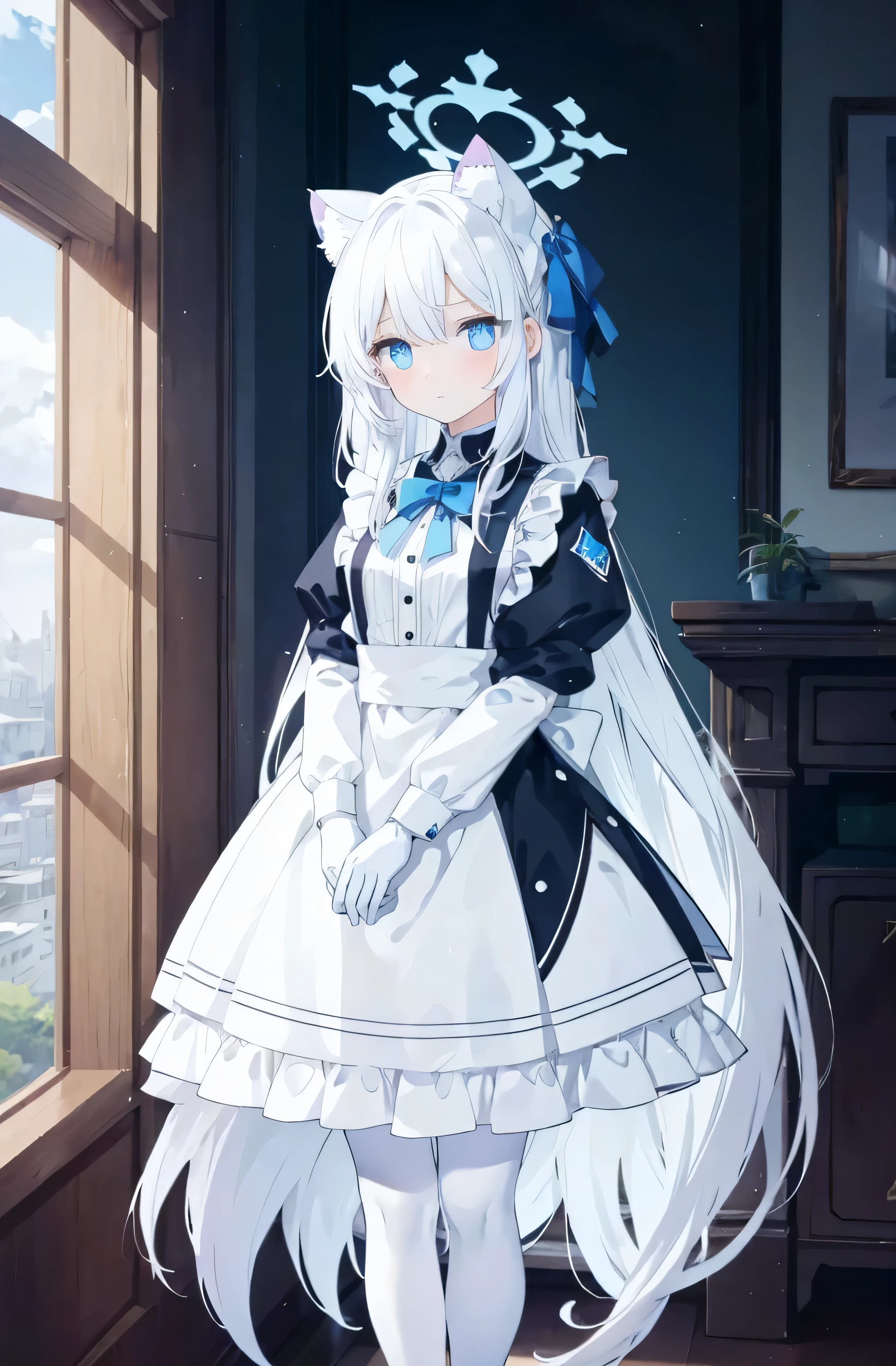 Women's hands，little white hands blue eyes，There are bright spots in the expressionless eyes，Wearing white maid gloves，White cat ears on head，There is a white cat tail behind