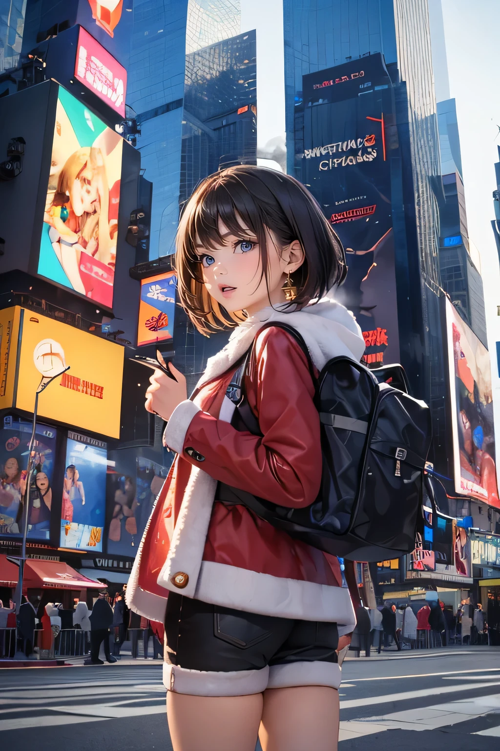 (((in front of the giant digital billboard at Times Square on Christmas day, that giant digital billboard is broadcasting her appearance live. steam vending from the road))), ((winter clothes with Christmas colors)), looking away, angle from below, (drooping eyes, sleepy, ecstasy face, blush, earrings, many people pass, (Pixie Cut),