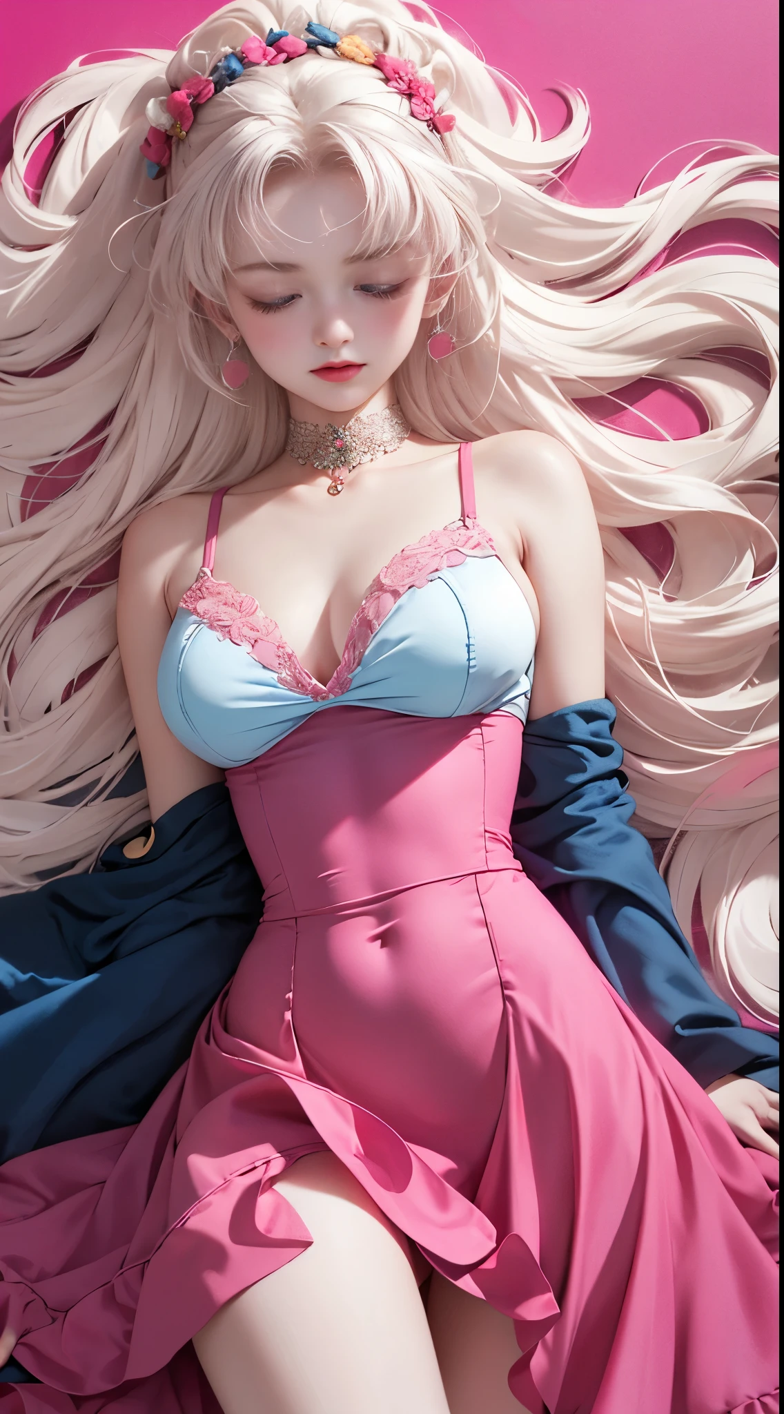 Light blue and red color scheme，pink nipple，little body，Petite，White curly hair, high detail, best quality, supper detail, pink pussy  ,  dark background, 5/6 body, hair over nipple, open legs, sleeping dress