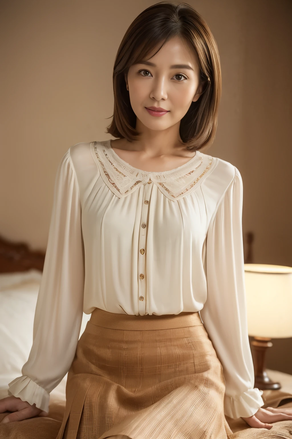 masuter piece, top-quality, masterpiece, hight resolution, Photorealsitic, Raw photography, 8k wallpaper, flawless, profetional lighting, ighly detailed, depth of fields,
((One beautiful woman)), ((40 year old woman sexy, bedroom, ((blouse, tight skirts,)), ((See the viewer's eyes)), Detailed face, beautidful eyes, (Sit in a good posture), bangss, small breasts of good shape, Light Brown Straight Hair, Faint lips,cowboy shot