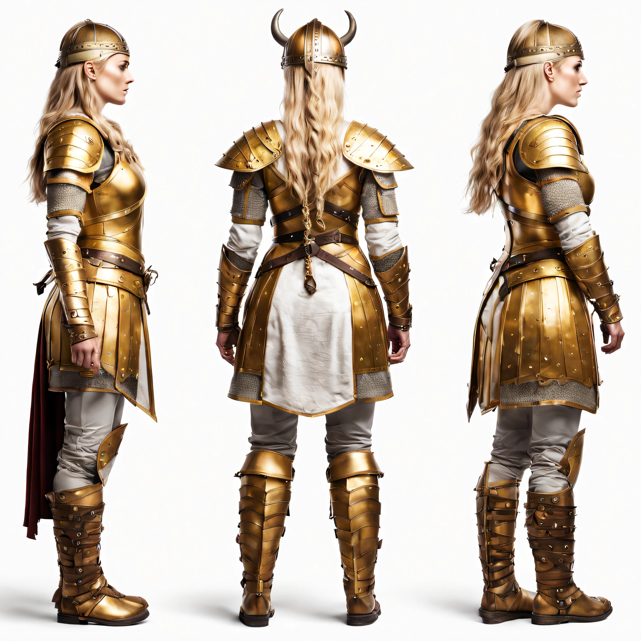 (front view, back view, side view) of a female viking wearing golden armor, white background, full body, best quality, highly detailed