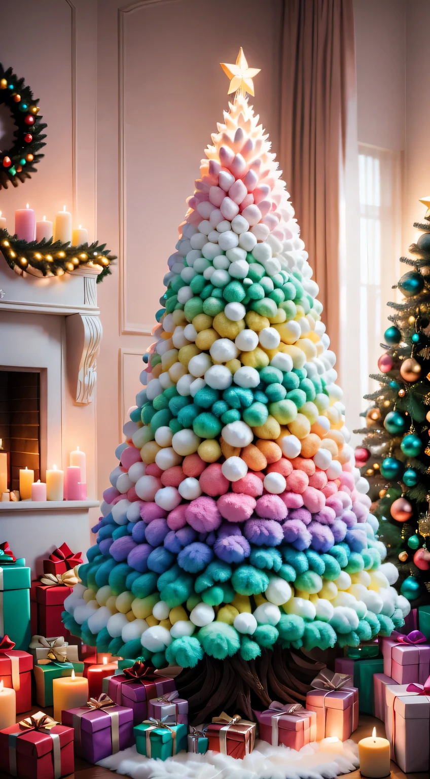 Fluffy Marshmallow Christmas Tree,(Best quality,4K,8K,A high resolution,tmasterpiece:1.2),ultra - detailed,(actual,realistically,realistically:1.37),Sweet，Vibrant colors，whimsically，Huge tree，imagining，Interesting，Light and ventilation，enjoying，like a dream、edible、indulgent、tall、Pleasant、Exciting、rainbowing，Sparkling ornaments，Sparkling Christmas lights，In a room full of colorful gifts, Surrounded by warm fairy lights and candles, Vibrant and pastel colors, diffuselighting。