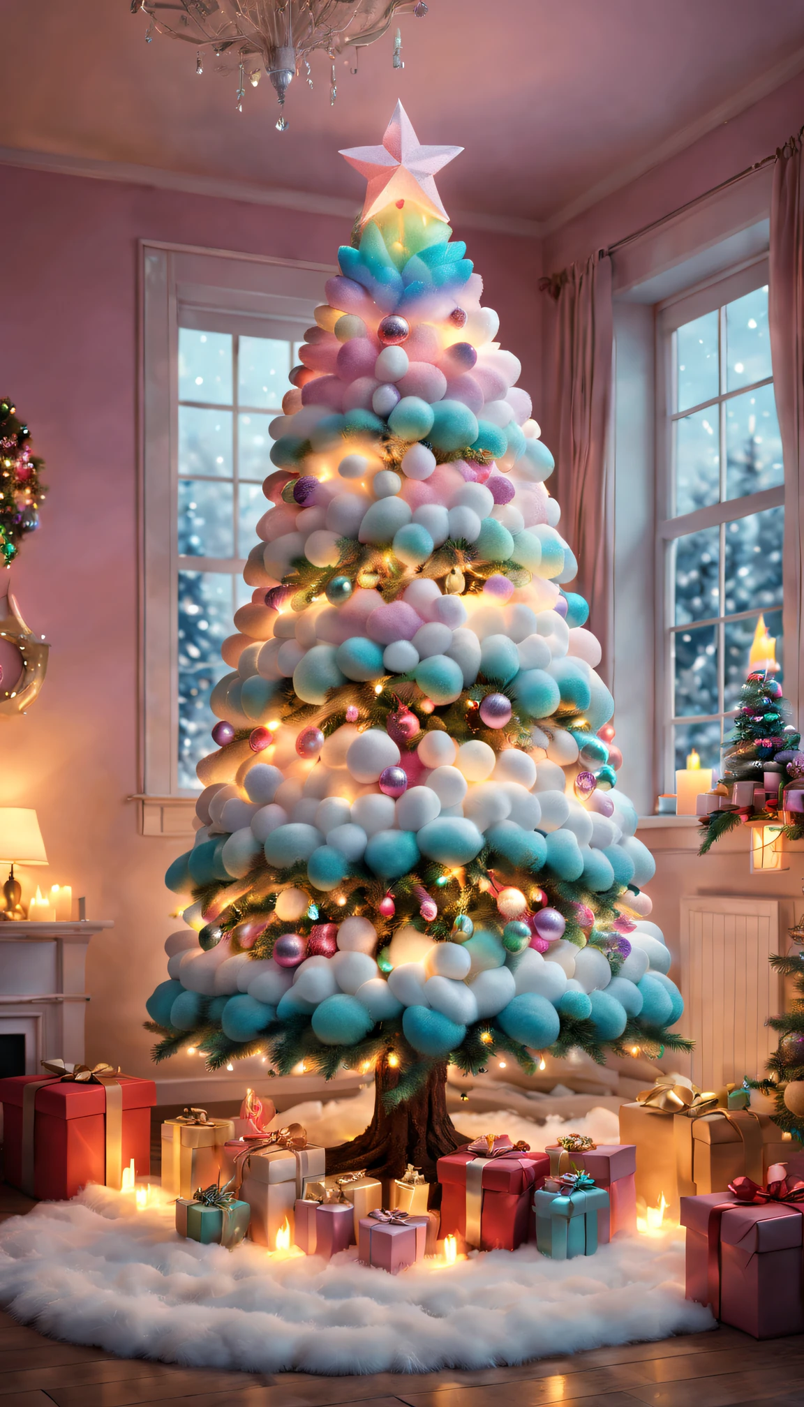 Fluffy Marshmallow Christmas Tree,(Best quality,4K,8K,A high resolution,tmasterpiece:1.2),ultra - detailed,(actual,realistically,realistically:1.37),Sweet,Vibrant colors,whimsically,Huge tree,imagining,Interesting,Light and ventilation,enjoying,like a dream、edible、indulgent、tall、Pleasant、Exciting、rainbowing,Sparkling ornaments,Sparkling Christmas lights,In a room full of colorful gifts, Surrounded by warm fairy lights and candles, Vibrant and pastel colors, diffuselighting。