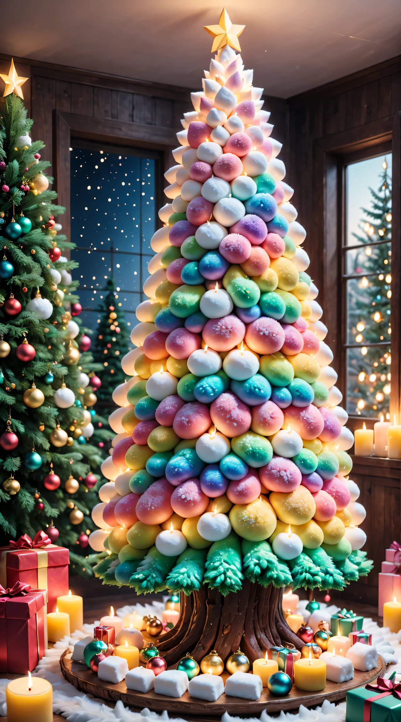 A fluffy marshmallow Christmas tree,(Best quality,4K,8K,A high resolution,tmasterpiece:1.2),ultra - detailed,(actual,realistically,realistically:1.37),Sweet，Vibrant colors，whimsically，Huge tree，imagining，Interesting，Light and ventilation，enjoying，like a dream、edible、indulgent、tall、Pleasant、Exciting、rainbowing，Sparkling ornaments，Sparkling Christmas lights，In a room full of colorful gifts, Surrounded by warm fairy lights and candles, Vibrant and pastel colors, diffuselighting。