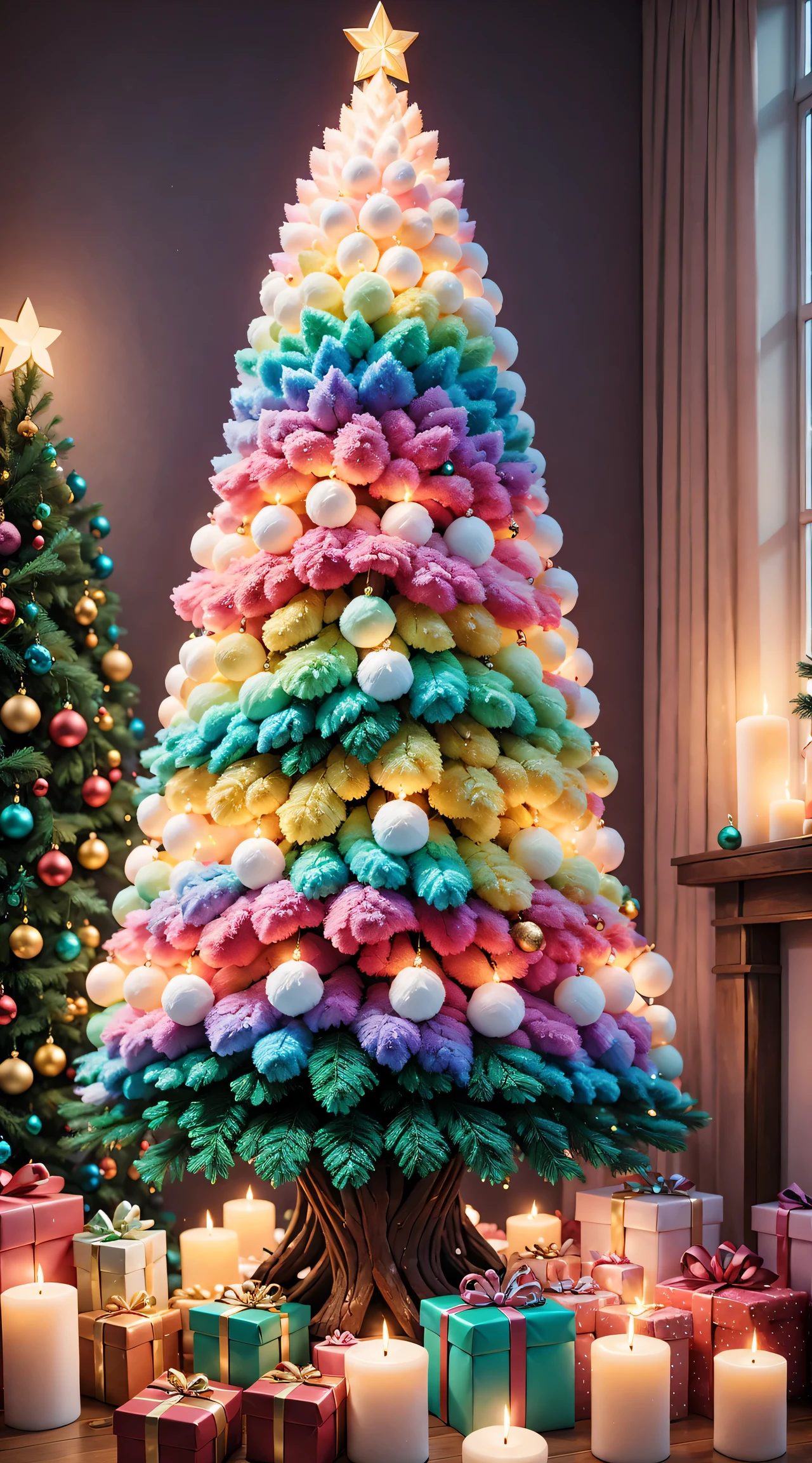 A fluffy marshmallow Christmas tree,(Best quality,4K,8K,A high resolution,tmasterpiece:1.2),ultra - detailed,(actual,realistically,realistically:1.37),Sweet，Vibrant colors，whimsically，Huge tree，imagining，Interesting，Light and ventilation，enjoying，like a dream、edible、indulgent、tall、Pleasant、Exciting、rainbowing，Sparkling ornaments，Sparkling Christmas lights，In a room full of colorful gifts, Surrounded by warm fairy lights and candles, Vibrant and pastel colors, diffuselighting。