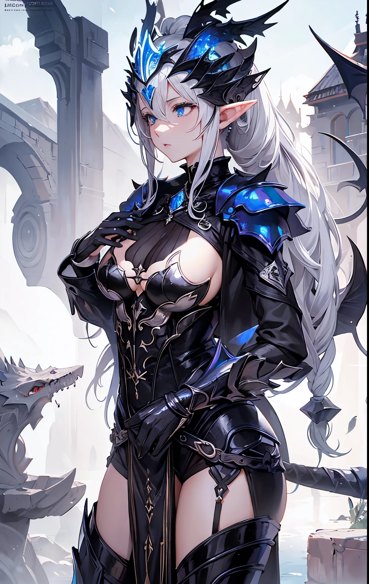 Different actions,closeup cleavage, The world of dreams, Elf King's sister, Long face shape, spiny helmet, , demons, humanoid creature, longponytail, Long elven ears,Her skin is very white, White complexion, Clear eyes, Intricate black armor, disheveled black hair, black cloth, 单眼blindfolds, Broken black armor, To know, blindfolds