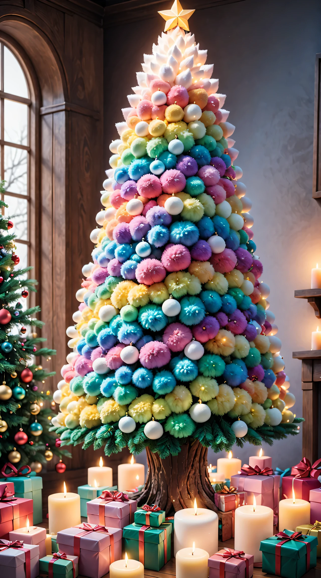 A fluffy marshmallow Christmas tree,(Best quality,4K,8K,A high resolution,tmasterpiece:1.2),ultra - detailed,(actual,realistically,realistically:1.37),Sweet，Vibrant colors，whimsically，Huge tree，imagining，Interesting，Light and ventilation，enjoying，like a dream、edible、indulgent、tall、Pleasant、Exciting、rainbowing，Sparkling ornaments，Sparkling Christmas lights，In a room full of colorful gifts, Surrounded by warm fairy lights and candles, Vibrant and pastel colors, diffuselighting。