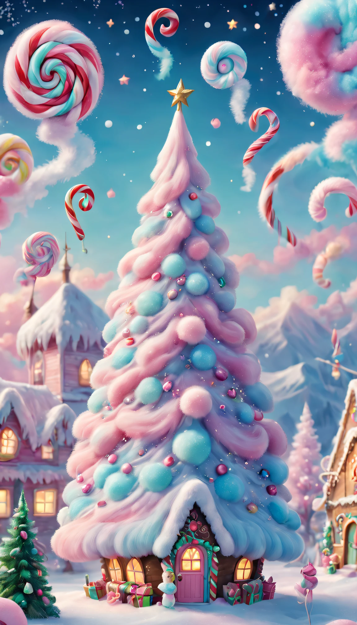 (Best quality at best, A high resolution), Marshmallow Christmas Tree, Colorful ornaments, flashing lights, Sweet candy cane, fluffy snowflakes, Happy kids, happy laugh, Cozy winter wonderland, Vibrant festive atmosphere, festive decorations, magical ambiance, Whimsical candy themed patterns, Sweets and Gourmet Food, glittering tinsel, sugar coated dream, fantastically pastel colors, Pleasant surprise, Fantasy marshmallow cloud, Charming holiday memories, sweet nostalgia, Joyful anticipation, heartwarming celebration, The magic of winter is in the air, Charming family tradition, Sugar Plum Fairy Dancing, Mesmerizing candy style artwork, Delicious marshmallows, Happy giggles and smiles, Dreamy marshmallow swirl, sweet winter charm, Merry Christmas atmosphere, tender moment of reunion, Soft and fluffy texture, sweet winter dreams.