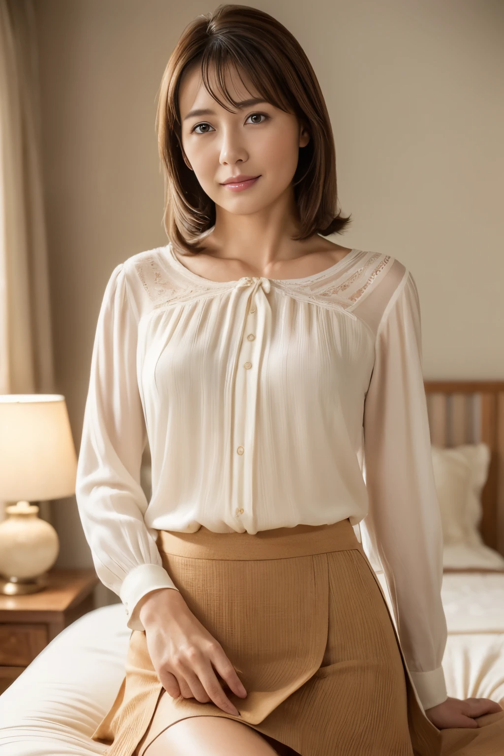 masuter piece, top-quality, masterpiece, hight resolution, Photorealsitic, Raw photography, 8k wallpaper, flawless, profetional lighting, ighly detailed, depth of fields,
((One beautiful woman)), ((40 year old woman sexy, bedroom, ((blouse, tight skirts,)), ((See the viewer's eyes)), Detailed face, beautidful eyes, (Sit in a good posture), bangss, small breasts of good shape, Light Brown Straight Hair, Faint lips,cowboy shot