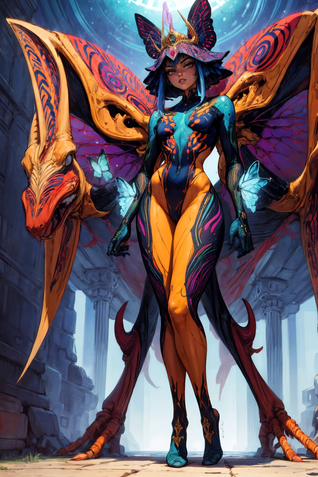 best quality, masterpiece, ultra high res, (photo realistic:1.4), arafed woman, standing, a blue butterfly with a yellow crown on its head, wayne barlowe concept art, insectoid, by Dugald Sutherland MacColl, inspired by Philippe Druillet, by Philippe Druillet, luminescence，highly detailed, she has iridescent membranes, by Roger Dean, mystical insects, wayne barlowe detailed