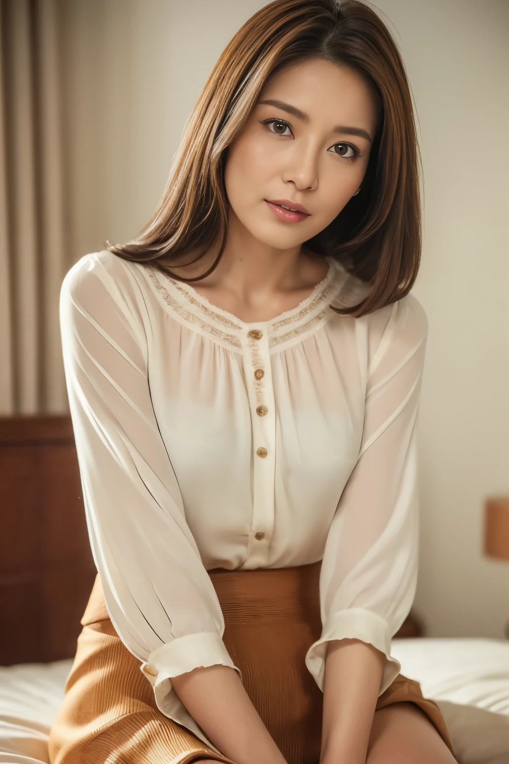 masuter piece, top-quality, masterpiece, hight resolution, Photorealsitic, Raw photography, 8k wallpaper, flawless, profetional lighting, ighly detailed, depth of fields,
((One beautiful woman)), ((40 year old woman sexy, bedroom, ((blouse, tight skirts,)), ((See the viewer's eyes)), Detailed face, beautidful eyes, (Sit in a good posture), bangss, small breasts of good shape, Light Brown Straight Hair, Faint lips,cowboy shot
