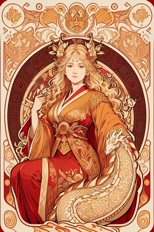 Portrait of a Japanese dragon in golden clothes, long curly hair, blond, Floral frame, red clothing、Decorative panel, Description Artistic, By Alphonse Mucha, (masutepiece, Best Quality, hight resolution:1.4), Detailed, Intricate details, 4K, color splashes, line-drawing, Fibonacci, Alphonse Mucha in the form of a tarot card