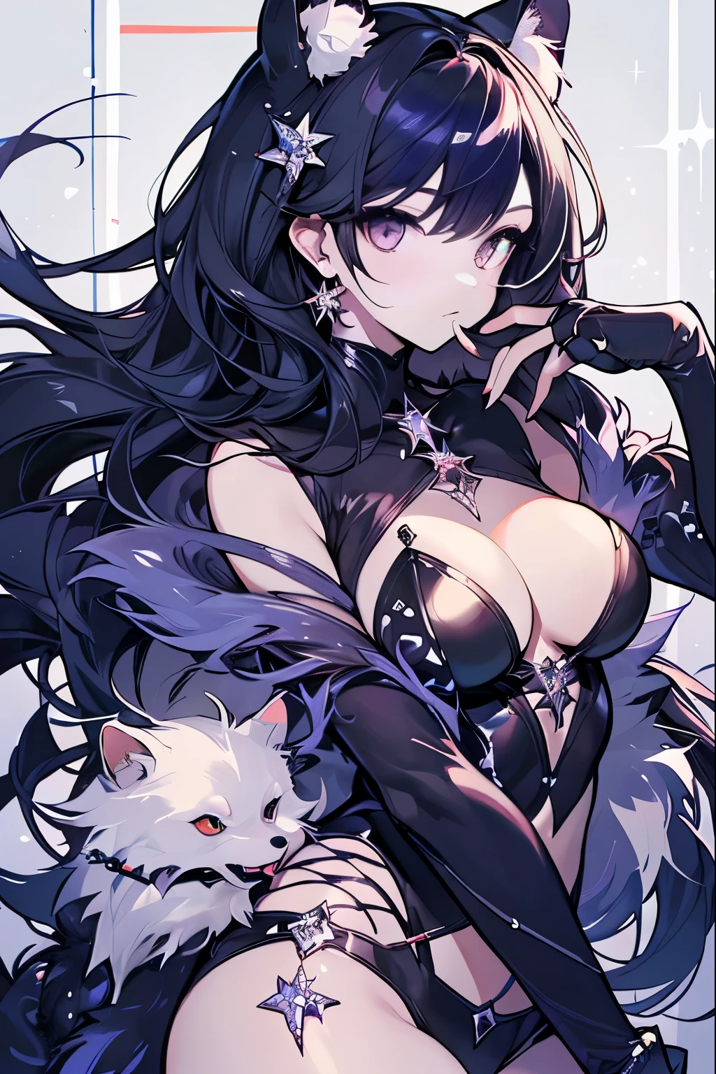 (8K, Best Quality, masutepiece:1.2), 1girl in, beautiful black leopard woman, black leopard print clothes, Body stockings, A detailed eye, False lashes, a small nose, Toned body, Glossy thighs, large full breasts, Thumb and four fingers, Anatomically correct fingers, detail portrayal, Lustrous skin, Sparkle,