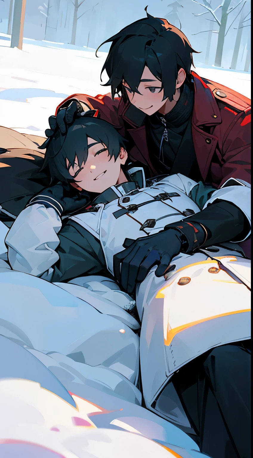 2boy, lying side by side in the snow, Smiling, winter coat, glove,